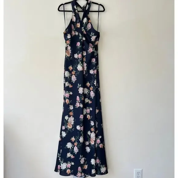 Anthropologie X Bhldn Ruby Twist Halter Satin Gown Navy Size 10 NWT - Picture 6 of 12